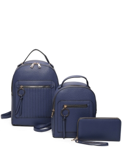 3in1 Pebble Stripe Quilted Backpack Set LF21034T3 BLUE